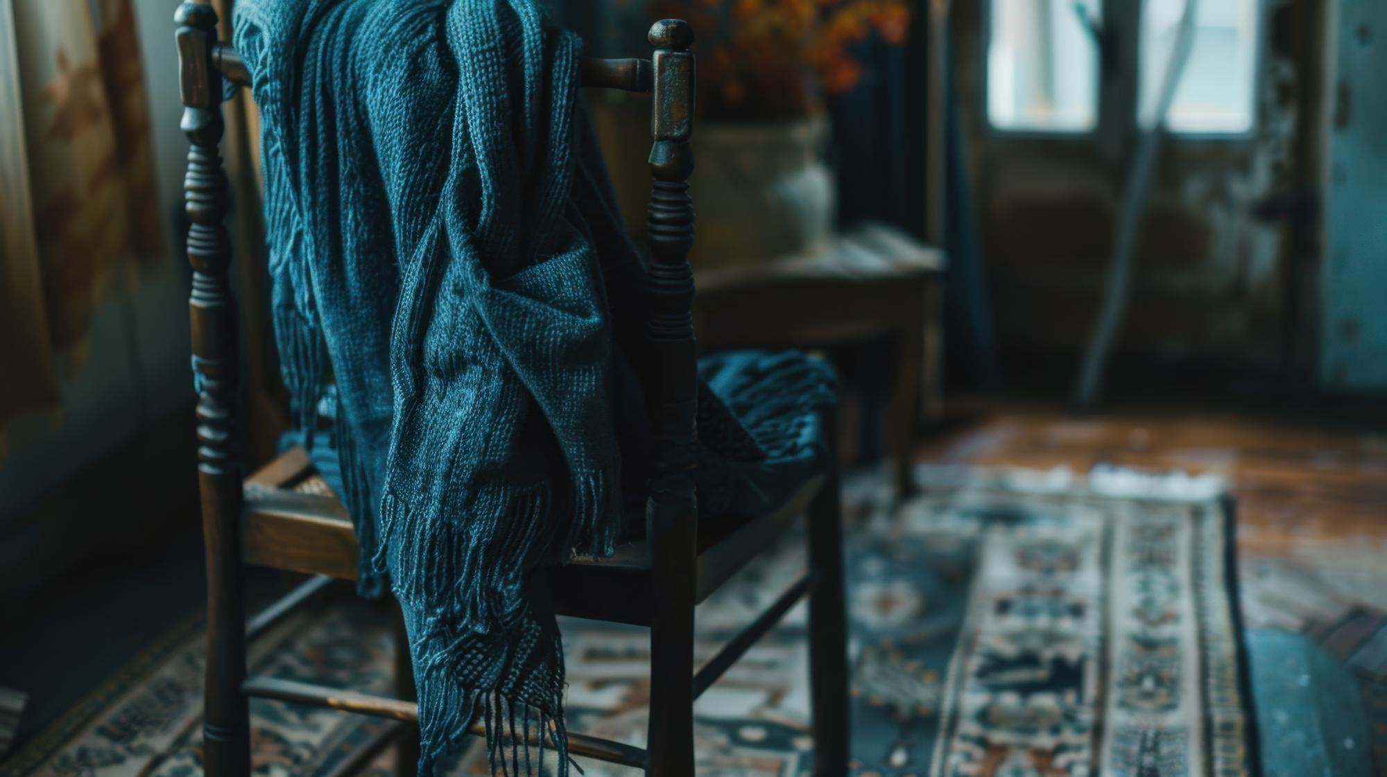 Large editorial shot of embroidered textile draped on chair
